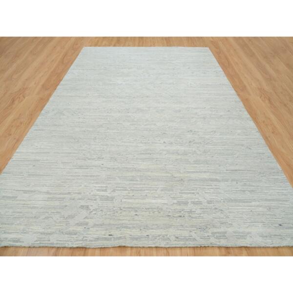 10'x13'10" Ivory and Light Grey, Hand Spun Undyed Natural Wool, Modern Design, Hand Knotted, Oriental Rug  - 65655 - Image 4