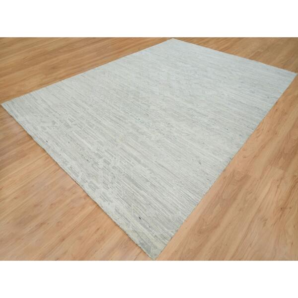 10'x13'10" Ivory and Light Grey, Hand Spun Undyed Natural Wool, Modern Design, Hand Knotted, Oriental Rug  - 65655 - Image 5