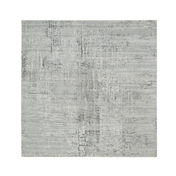 6'2"x6'2" Light Gray, Hand Knotted, Hand Spun Undyed Natural Wool, Soft pile, Modern Design, Square Oriental Rug  - 65657