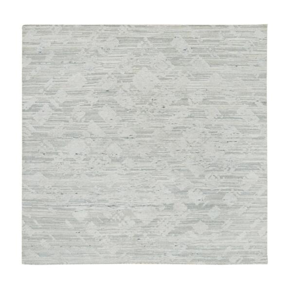 6'1"x6'1" Ivory and Light Grey, Hand Knotted, Hand Spun Undyed Natural Wool, Modern Design, Square Oriental Rug  - 65658