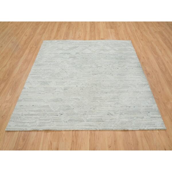 6'1"x6'1" Ivory and Light Grey, Hand Knotted, Hand Spun Undyed Natural Wool, Modern Design, Square Oriental Rug  - 65658 - Image 3