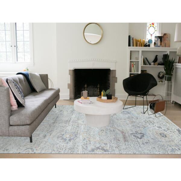 10'x14'3" Ivory, Soft and Lush, Sickle Leaf Design Silk With Textured Wool, Dense Weave, Hand Knotted, Oriental Rug  - 65672 - Image 3