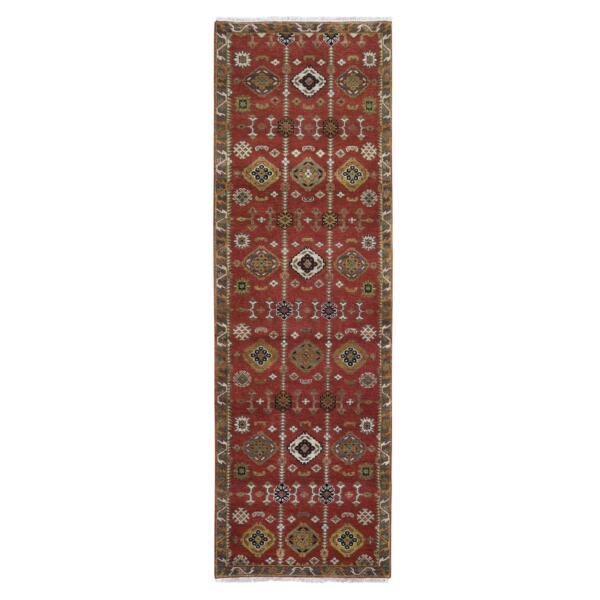 3'2"x10' 100% Wool Repetitive Geometric All Over Design Red Hand Knotted Wide Runner Oriental Rug  - 66190