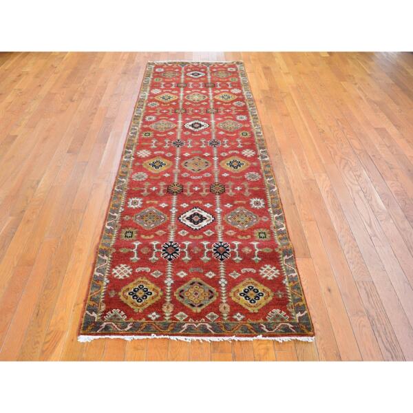 3'2"x10' 100% Wool Repetitive Geometric All Over Design Red Hand Knotted Wide Runner Oriental Rug  - 66190 - Image 3