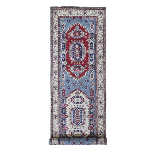 5'3"x19'9" Baby Blue Wide and Long Runner 100% Wool Kazak Tribal Design Hand Knotted Oriental Rug  - 66293