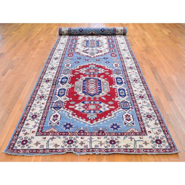 5'3"x19'9" Baby Blue Wide and Long Runner 100% Wool Kazak Tribal Design Hand Knotted Oriental Rug  - 66293 - Image 3