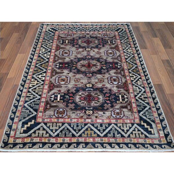 4'1"x5'10" Simple Taupe Armenian Design Kazak Super Dense Weave 100% Wool Hand Knotted Oriental Rug  - 66306 - Image 3