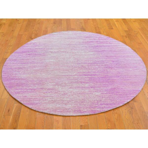 6'x6' Pink Pure Wool Horizontal Ombre Design Thick and Plush Hand Knotted Round Oriental Rug  - 66499 - Image 3