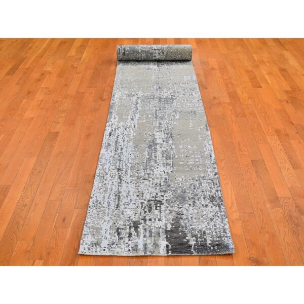 2'6"x12' Wool Persian Knot Runner Abstract Design Denser Weave Silver Hand Knotted Oriental Rug  - 66503 - Image 3