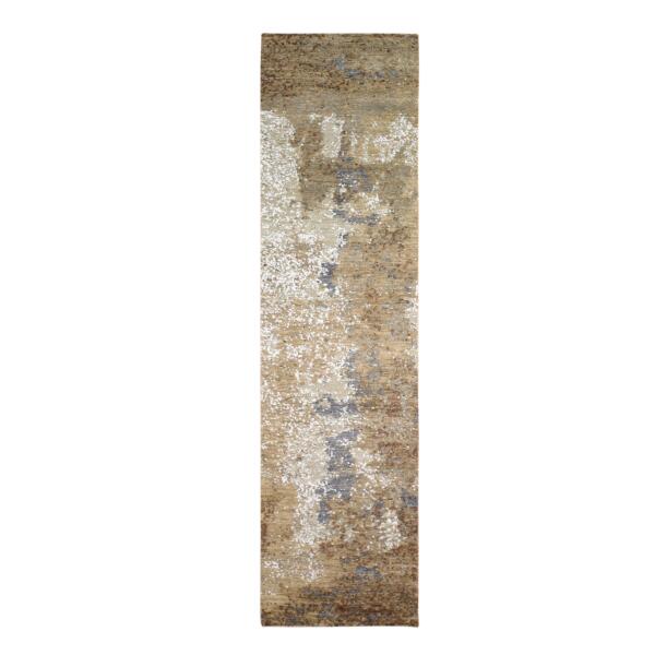 2'6"x10' Brown Abstract Design Wool and Silk Hi-Low Pile Denser Weave Hand Knotted Runner Oriental Rug  - 66504