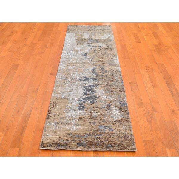 2'6"x10' Brown Abstract Design Wool and Silk Hi-Low Pile Denser Weave Hand Knotted Runner Oriental Rug  - 66504 - Image 3