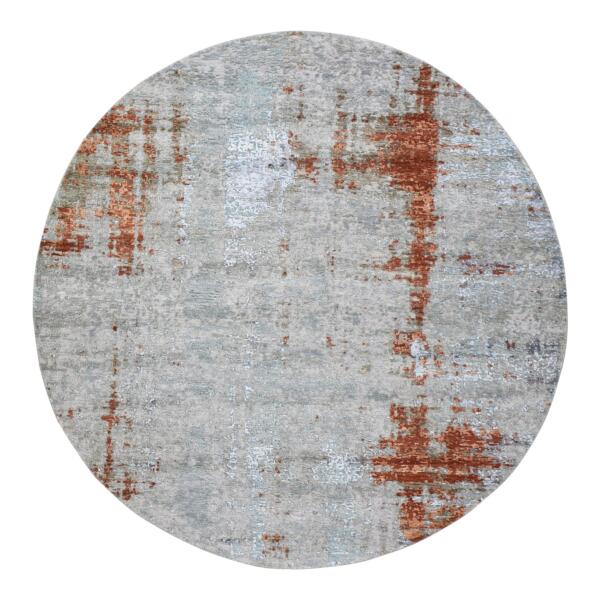 6'1"x6'1" Wool Persian Knot with Abstract Design Denser Weave Silver Hand Knotted Round Oriental Rug  - 66564