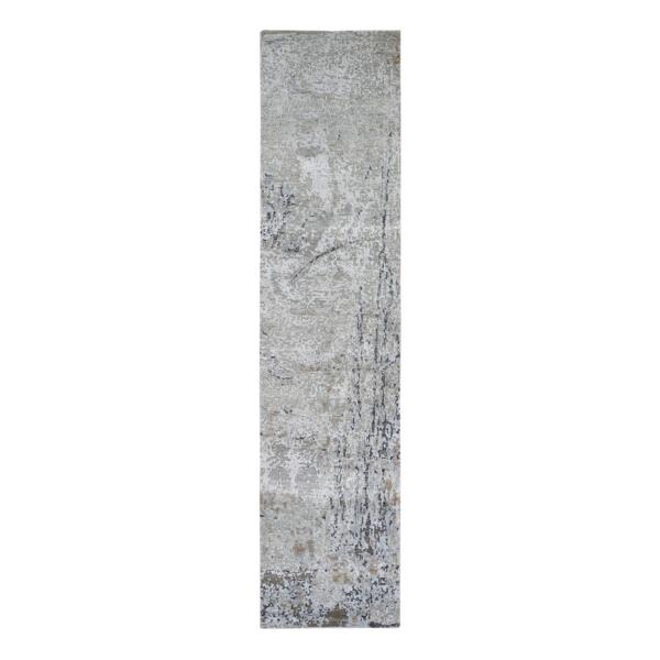 2'5"x10'2" Gray Persian Knot with Abstract Design Wool Denser Weave Hand Knotted Runner Oriental Rug  - 66580