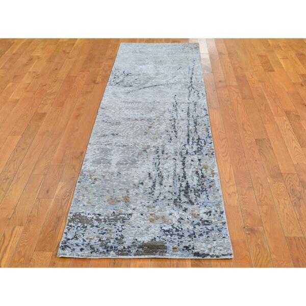 2'5"x10'2" Gray Persian Knot with Abstract Design Wool Denser Weave Hand Knotted Runner Oriental Rug  - 66580 - Image 3