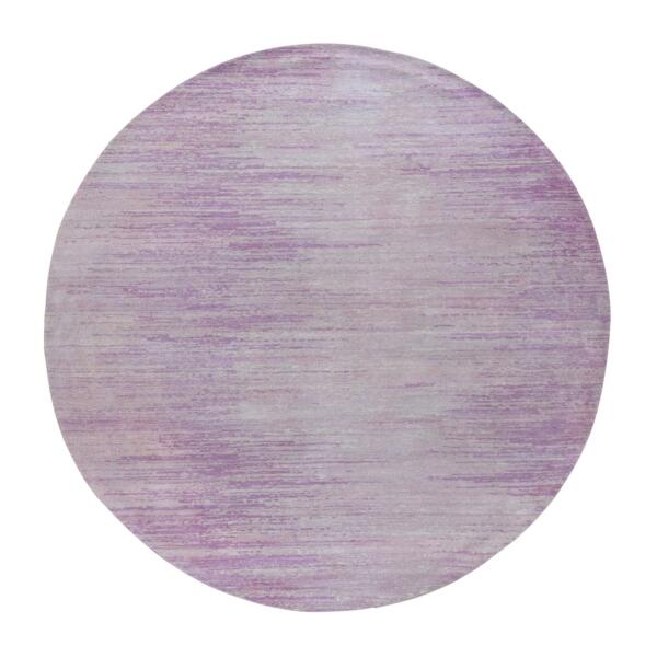 7'x7' Pink Thick and Plush Organic Wool Only Horizontal Ombre Design Hand Knotted Round Oriental Rug  - 66705