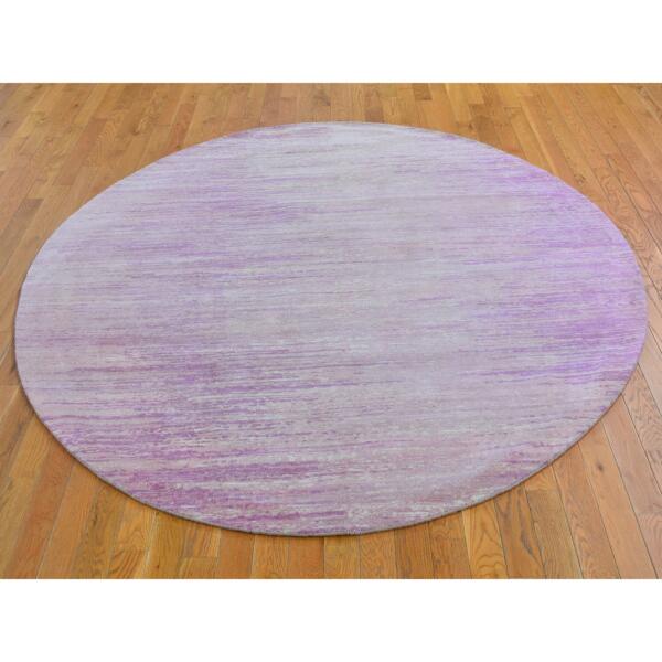 7'x7' Pink Thick and Plush Organic Wool Only Horizontal Ombre Design Hand Knotted Round Oriental Rug  - 66705 - Image 3