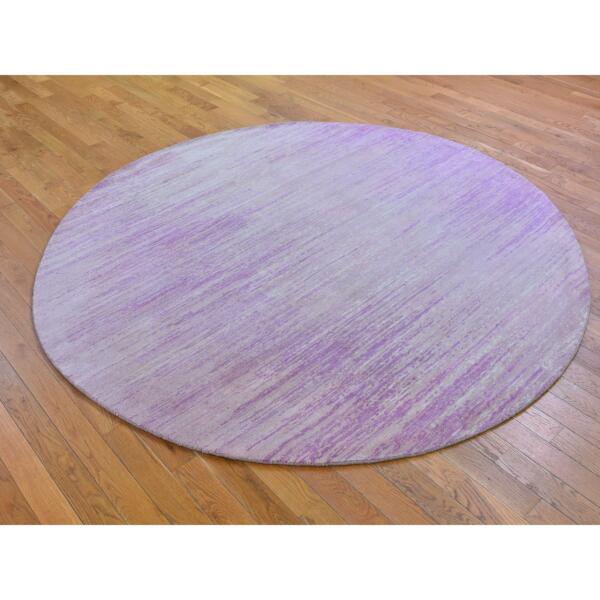 7'x7' Pink Thick and Plush Organic Wool Only Horizontal Ombre Design Hand Knotted Round Oriental Rug  - 66705 - Image 4