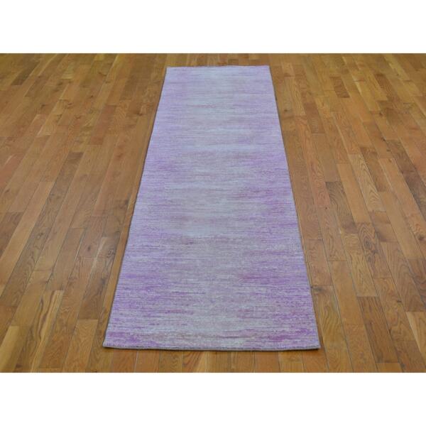 2'7"x10'3" Pink Thick and Plush Organic Wool Only Horizontal Ombre Design Hand Knotted Wide Runner Oriental Rug  - 66754 - Image 3