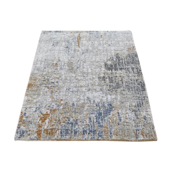 2'6"x4'1" Wool Denser Weave Persian Knot Hand Knotted Silver Abstract Design Scatter Size Oriental Rug  - 66791