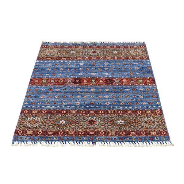 3'5"x4'9" Blue Super Kazak Khorjin Design with Colorful Tassels Natural Wool Hand Knotted Oriental Rug  - 66825