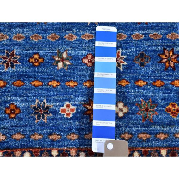 3'5"x4'9" Blue Super Kazak Khorjin Design with Colorful Tassels Natural Wool Hand Knotted Oriental Rug  - 66825 - Image 4