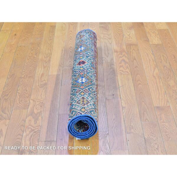 3'5"x4'9" Blue Super Kazak Khorjin Design with Colorful Tassels Natural Wool Hand Knotted Oriental Rug  - 66825 - Image 6