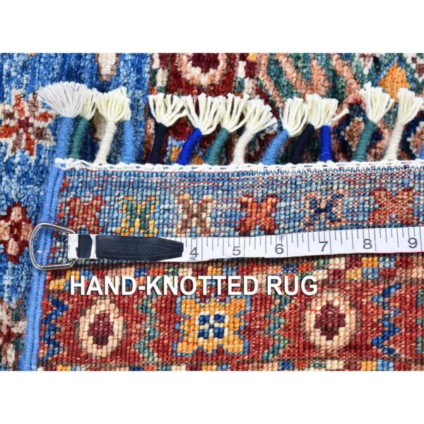 3'5"x4'9" Blue Super Kazak Khorjin Design with Colorful Tassels Natural Wool Hand Knotted Oriental Rug  - 66825 - Image 8