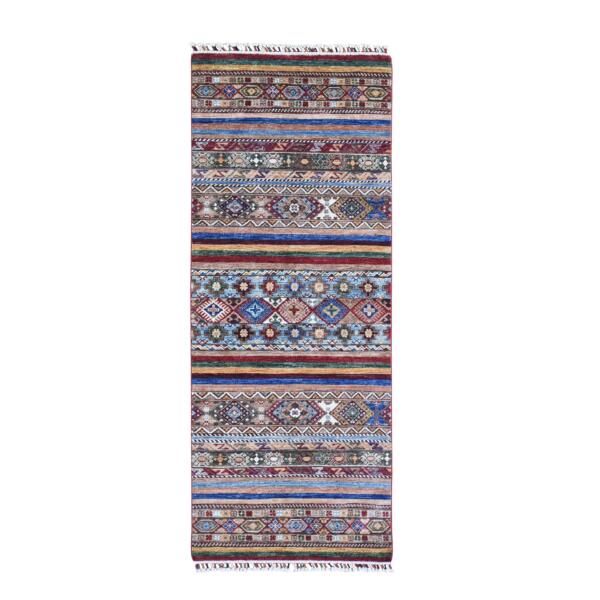 3'1"x7'9" Light Blue Super Kazak Wide Runner Geometric Khorjin Design Organic Wool Hand Knotted Oriental Rug  - 66829