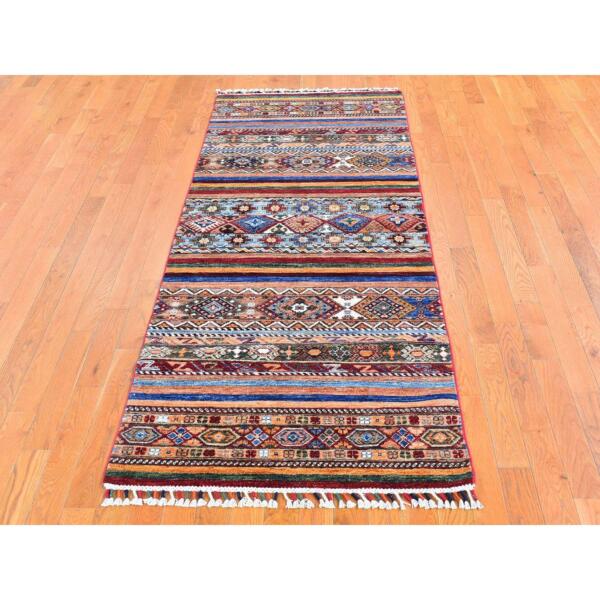 3'1"x7'9" Light Blue Super Kazak Wide Runner Geometric Khorjin Design Organic Wool Hand Knotted Oriental Rug  - 66829 - Image 3