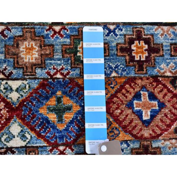 3'1"x7'9" Light Blue Super Kazak Wide Runner Geometric Khorjin Design Organic Wool Hand Knotted Oriental Rug  - 66829 - Image 5