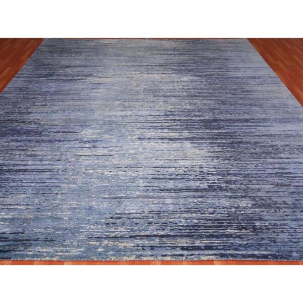 10'1"x10'1" Pure Wool Horizontal Ombre Design Blue Oceanic Hand Knotted Square Oriental Rug  - 66852 - Image 3