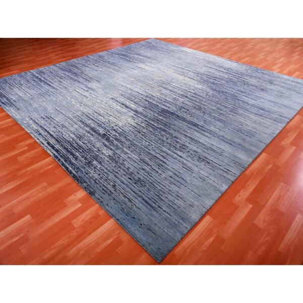 10'1"x10'1" Pure Wool Horizontal Ombre Design Blue Oceanic Hand Knotted Square Oriental Rug  - 66852 - Image 4