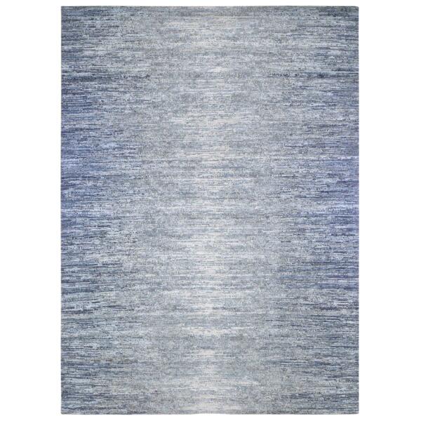 10'x14' Horizontal Ombre Design Hand Knotted Denim Blue Wool and Pure Silk Oriental Rug  - 66970