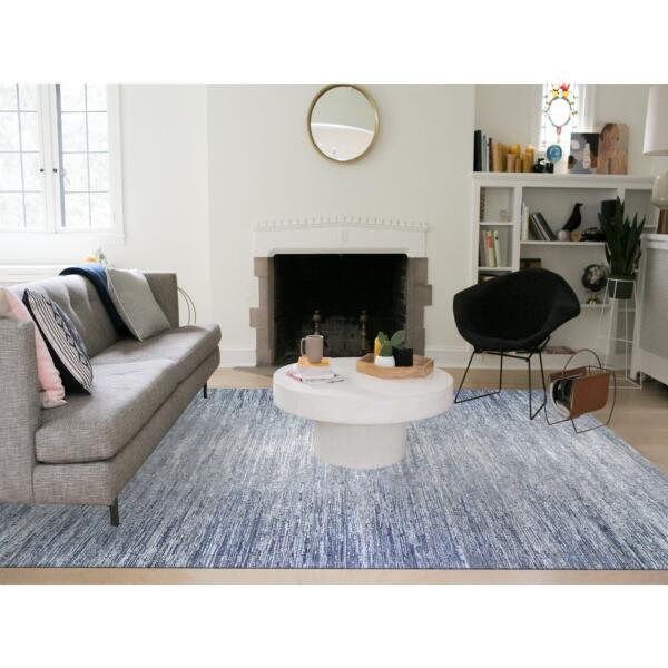 10'x14' Horizontal Ombre Design Hand Knotted Denim Blue Wool and Pure Silk Oriental Rug  - 66970 - Image 3