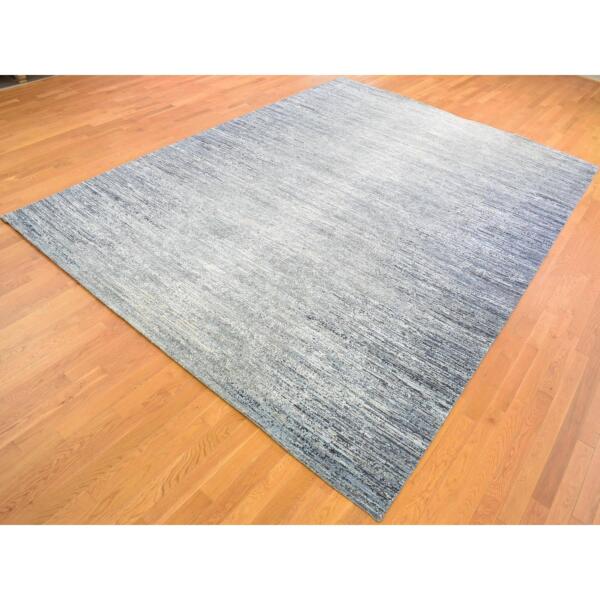 10'x14' Horizontal Ombre Design Hand Knotted Denim Blue Wool and Pure Silk Oriental Rug  - 66970 - Image 4