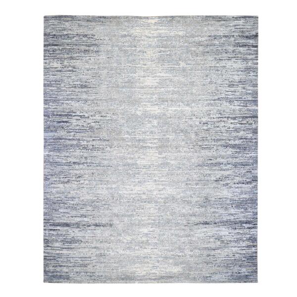 7'10"x10' Wool and Pure Silk Denim Blue Horizontal Ombre Design Hand Knotted Oriental Rug  - 66973