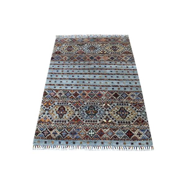 3'4"x4'10" Gray With Colorful Tassles Hand Knotted Super Kazak And Nomadic Khorjin Design Natural Wool Oriental Rug  - 67111