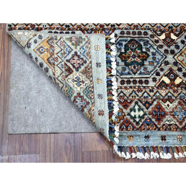 3'4"x4'10" Gray With Colorful Tassles Hand Knotted Super Kazak And Nomadic Khorjin Design Natural Wool Oriental Rug  - 67111 - Image 3