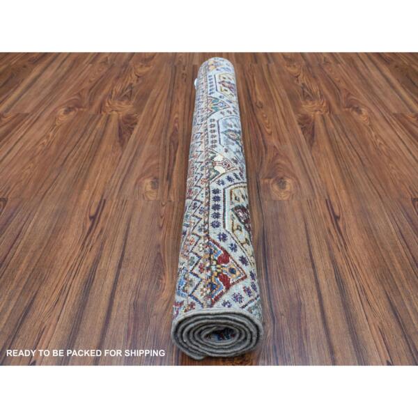 3'4"x4'10" Gray With Colorful Tassles Hand Knotted Super Kazak And Nomadic Khorjin Design Natural Wool Oriental Rug  - 67111 - Image 5