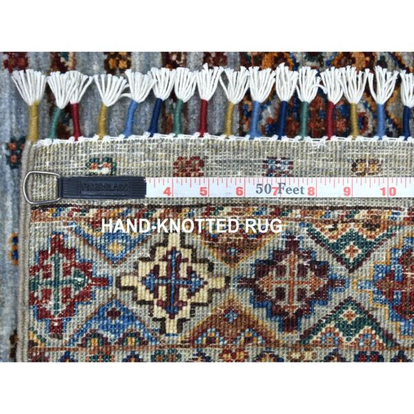 3'4"x4'10" Gray With Colorful Tassles Hand Knotted Super Kazak And Nomadic Khorjin Design Natural Wool Oriental Rug  - 67111 - Image 7