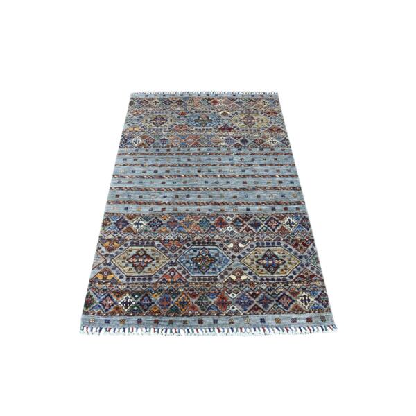 3'4"x5'3" Pure Wool Gray With Colorful Tassles Hand Knotted Super Kazak Khorjin Design Ethnic Oriental Rug  - 67123