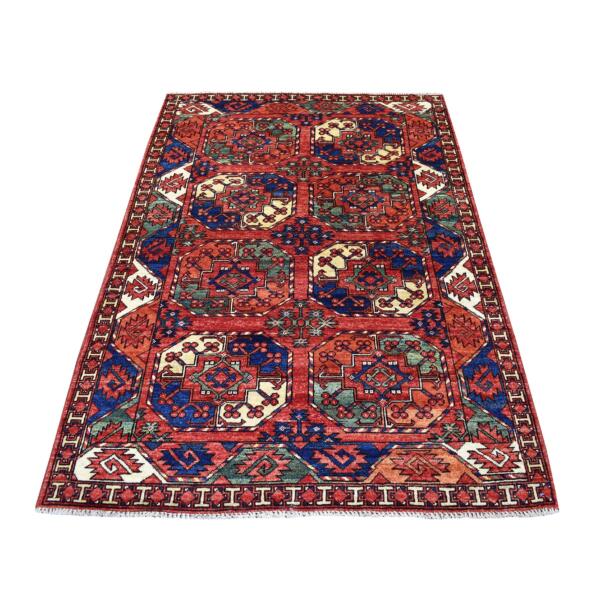 4'x6'2" Red Afghan Ersari With Elephant Feet Design Organic Wool Hand Knotted Oriental Rug  - 67136