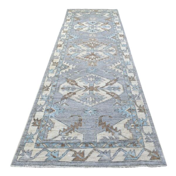 3'10"x12'1" Gray Geometric Anatolian Village Inspired Angora Oushak Hand Knotted Natural Wool Oriental Runner Rug  - 67916