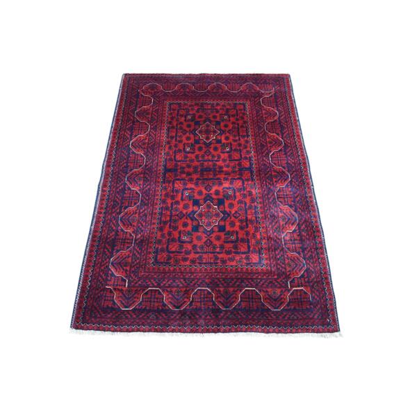 3'3"x4'8" Deep and Saturated Red Geometric Design Afghan Khamyab Shiny Wool Hand Knotted Scatter Size Oriental Rug  - 67958