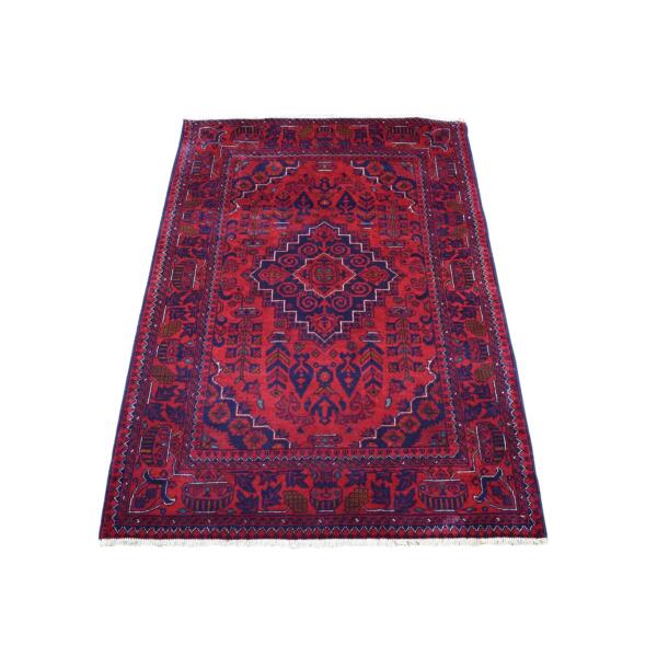 3'4"x4'8" Afghan Khamyab Denser Weave with Shiny Wool Scatter Size Hand Knotted Deep and Saturated Red Oriental Rug  - 67959