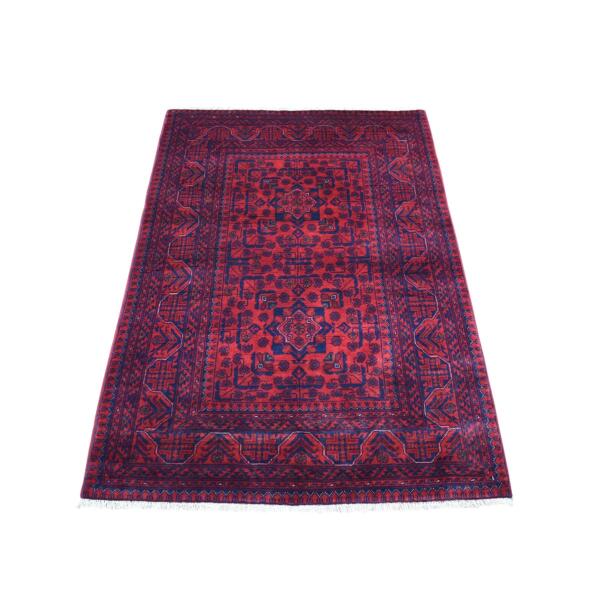 3'3"x4'10" Deep and Saturated Red Afghan Khamyab with Double Geometric Medallion Design Hand Knotted Denser Weave with Shiny Wool Oriental Rug  - 67960