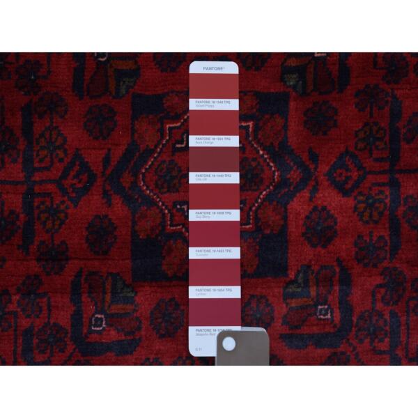 3'3"x4'10" Deep and Saturated Red Afghan Khamyab with Double Geometric Medallion Design Hand Knotted Denser Weave with Shiny Wool Oriental Rug  - 67960 - Image 4