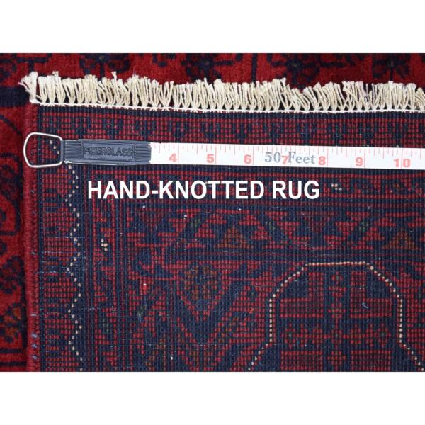 3'3"x4'10" Deep and Saturated Red Afghan Khamyab with Double Geometric Medallion Design Hand Knotted Denser Weave with Shiny Wool Oriental Rug  - 67960 - Image 7