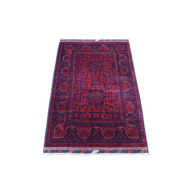 2'9"x4'2" Deep and Saturated Red Geometric Design Afghan Khamyab Denser Weave with Shiny Wool Hand Knotted Oriental Rug  - 67975