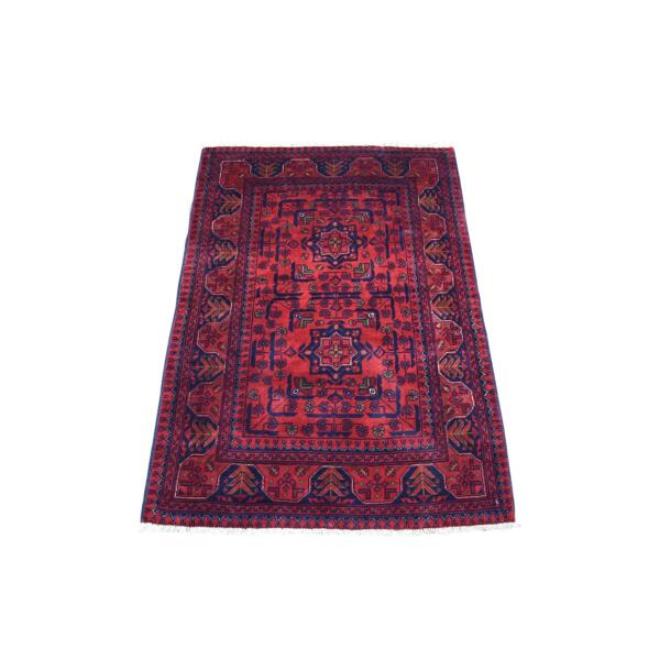 2'8"x4' Deep and Saturated Red Denser Weave with Shiny Wool Hand Knotted Geometric Design Afghan Khamyab Oriental Rug  - 67977